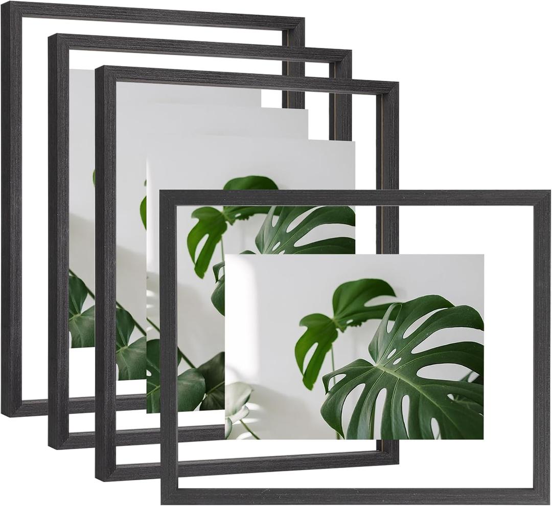Egofine 11x14 Floating Frames Set of 4, Double Plexiglass Picture Frame, Made of Solid Wood Display Any Size Photo up to 11x14, Wall Mount or Tabletop Standing, Faded Black