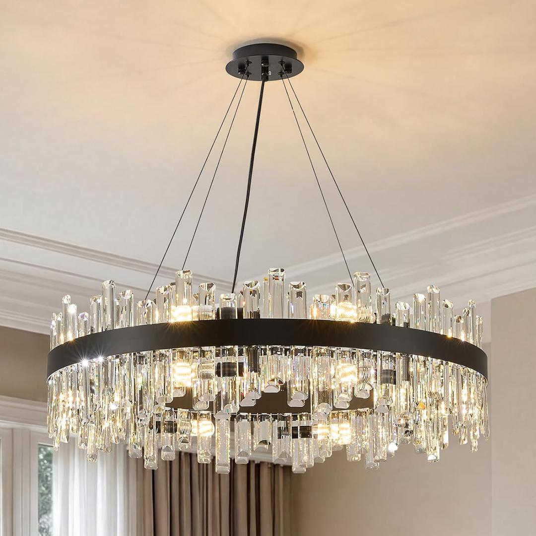 16-Light Modern Crystal Chandelier, 31.5 inch Luxury Black K9 Crystal Raindrop Chandelier, Adjustable Height Lighting Fixture for Living Room Entry Foyer Dining Room Bedroom, Round D31.5''
