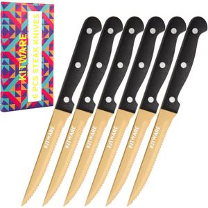 KITWARE Gold Steak Knives Set of 6 pcs with Gift Box, 4.5 inch Stainless Steel Steak sets, Serrated Edge Metal Knife Sets for Dinner Table, Knife for Barbeque, Picnic, Camping, Hiking