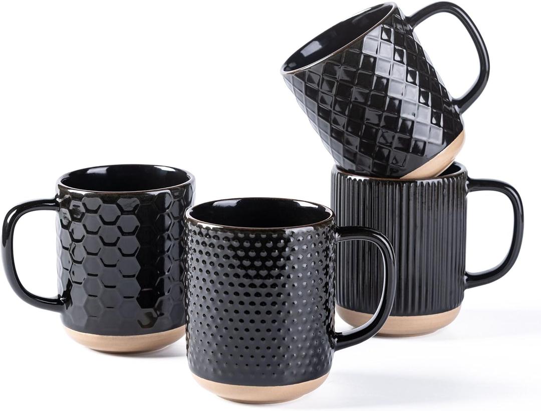 GBhome Coffee Mugs Set of 4, 12oz Handmade Stoneware Coffee Mugs Set with Large Handle for Cappuccino/Latte/Tea/Hot Cocoa, Dishwasher & Microwave Safe, Black