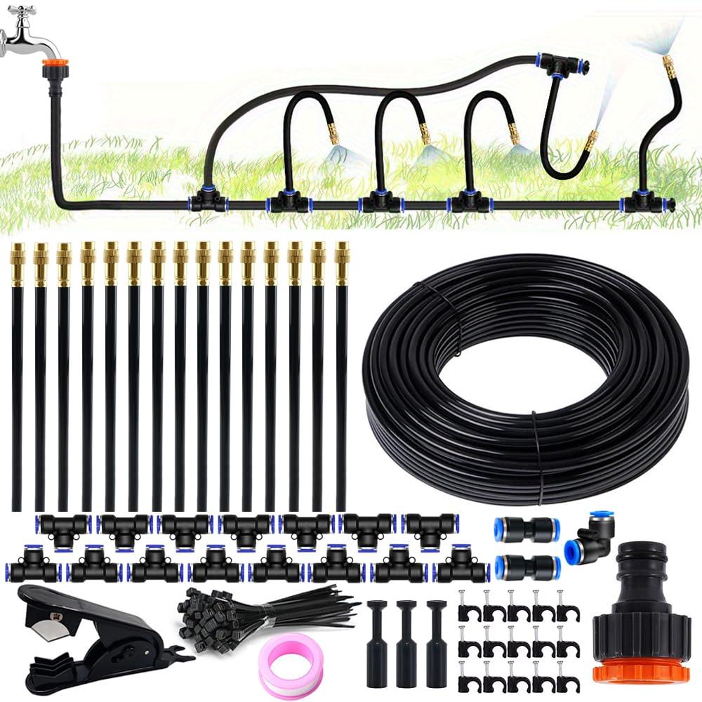 49.2FT 360 Curved Drip Irrigation System Automatic Garden Watering System with 15 Nozzles Adjustable Quick Connector Plant Misting System for Garden, Yard, Raised Bed, Greenhouse, 5/16 inches Hose