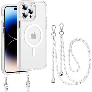 ZHK Magnetic Compatible for iPhone 14 Pro Max Case Clear, with Crossbody Landyard Adjustable Strap, [2-Way Use] [Military-Grade Protection] Slim Shockproof Cover for iPhone 14 ProMax 6.7", White