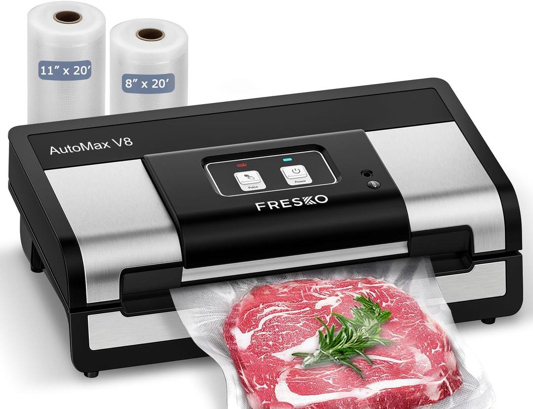 Fully Automatic Vacuum Sealer, 95Kpa Powerful Food Vacuum Sealer Machine, Auto Dry-Wet Detection | Bag Cutter | 2 Rolls Bags | Effortless Operation, Silver - Black