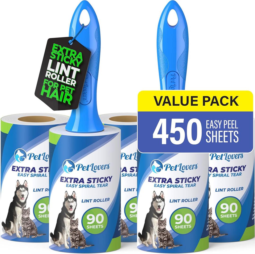 PetLovers Extra Sticky Lint Roller Mega Value Set 450 Sheets for Pet Hair Removal, Dog and Cat Lint Remover 5 Pack PetLovers Extra Sticky Lint Roller Mega Value Set 450 Sheets for Pet Hair Removal, Dog and Cat Lint Remover 5 Pack
