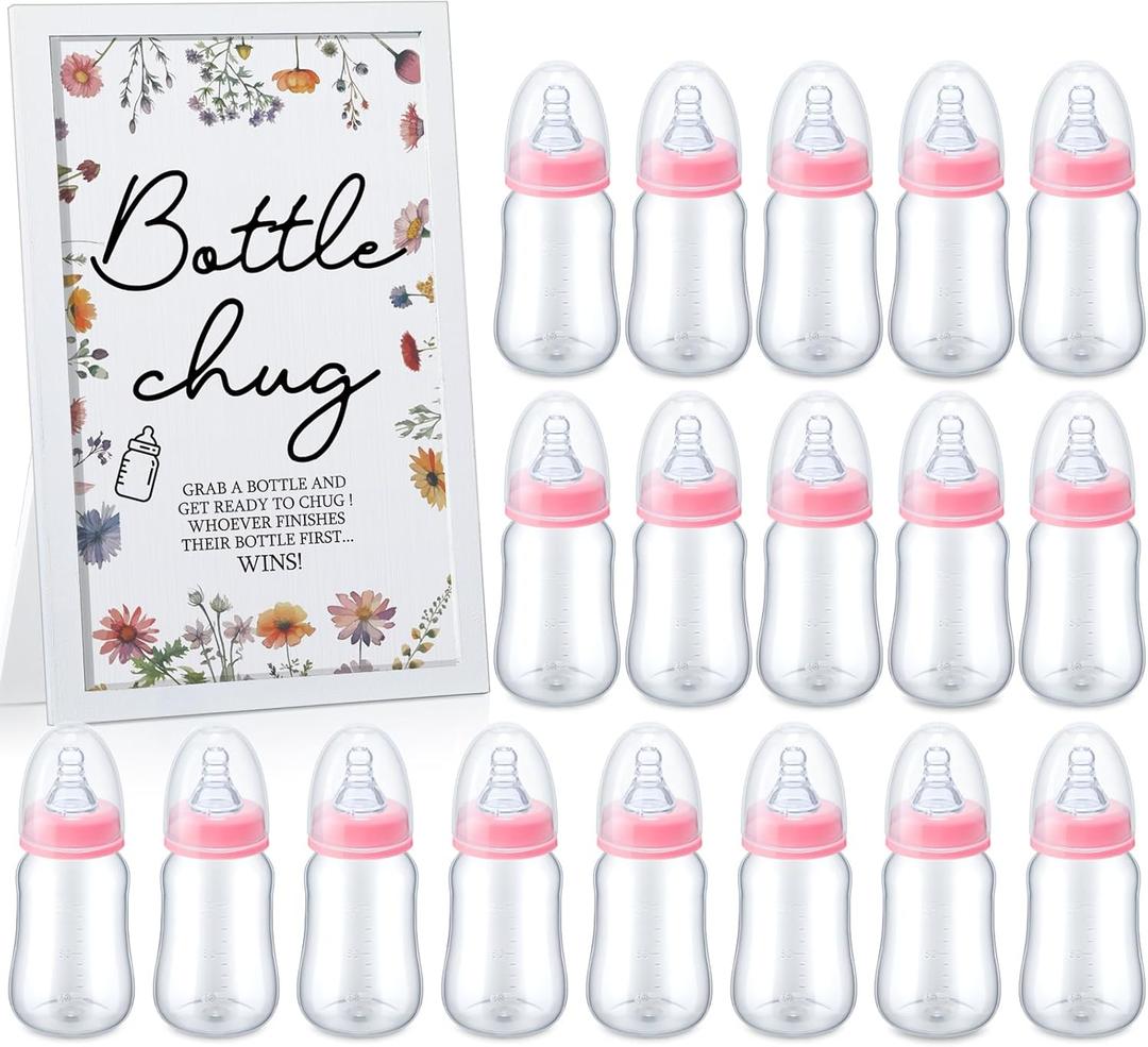 Roowest Bottle Chug Baby Shower Games Favors Including 18 Pcs Bottles with 1 Bottle Chug Wooden Sign for Gender Reveal Baby Shower Party Supplies(Pink, Wideflower)