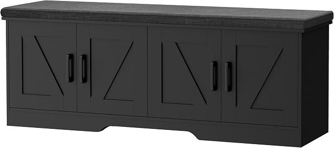 HOMSHO Farmhouse Shoe Storage Bench with 4 Barn Doors & Padded Seat Cushion
47.2" Wide Entryway Bench with Adjustable Shelves & Hidden Storage, Black