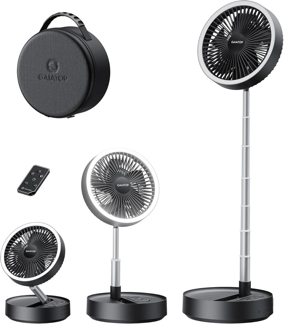 Gaiatop Portable Pedestal Fan 16000mAh Battery [Max 74h Runtime], Foldable Oscillating Standing Fan, Collapsible Desk Fans, LED Light, Case & Remote Control 4 Speeds for Outdoor Travel Camping (Black), 3.6 " to 36.4" Stretching