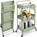 Foldable 3 Tier Rolling Cart, Metal Utility Cart, Folding Mobile MultiFunction Storage Trolley Organizer Cart for Home Library Office(Green)