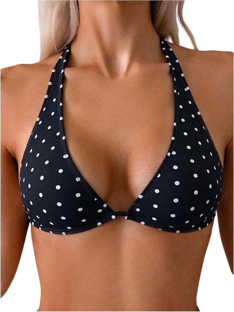Floerns Women's Polka Dots Halter Bikini Top Sexy Triangle Beach Vacation Bathing Suit Swimsuit Tops (Black, S)