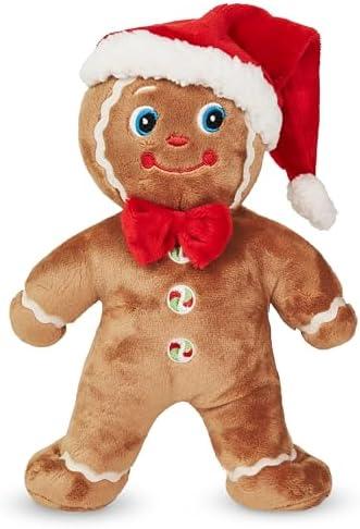 Bearington Jolly Ginger Christmas Stuffed Toy - 10" Soft Gingerbread Man Christmas Plushies with Bow Tie, Santa Hat, Weighted Body and Peppermint Buttons - Festive Gift for Kids and Holiday Decor