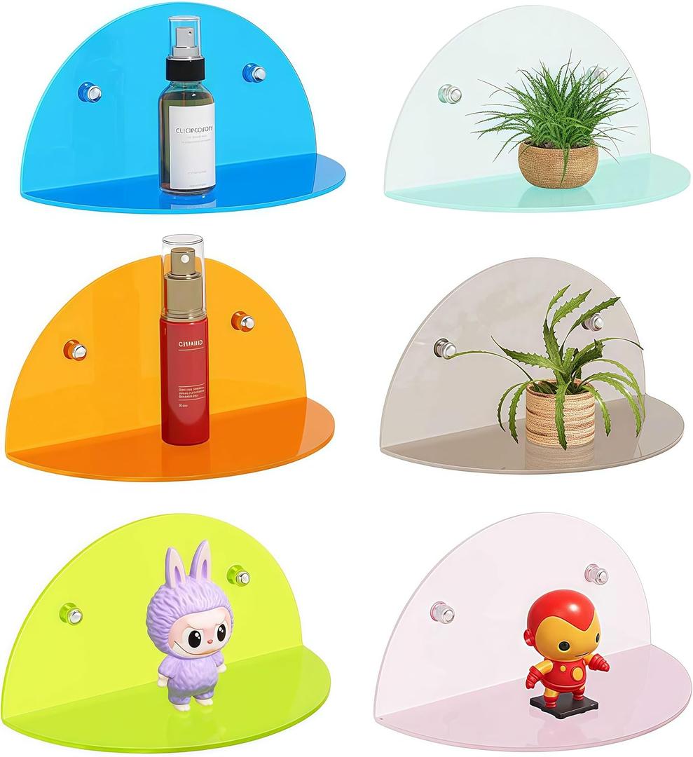 6 Pack Small Wall Shelf, Colorful Acrylic Shelves for Wall Mounting, No Drilling Floating Shelf for Home Dcor and Office, Display Ledges Popmart Funko Figures (A2)