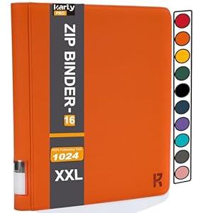 KarlyPro Premium 1000+ Pockets Card Binder, 16-Pocket Ringless Trading Card Album Folder Tag Design -Double Side Loading UltraSonic-32 1024 Tech Zip Binder for TCG-Orange