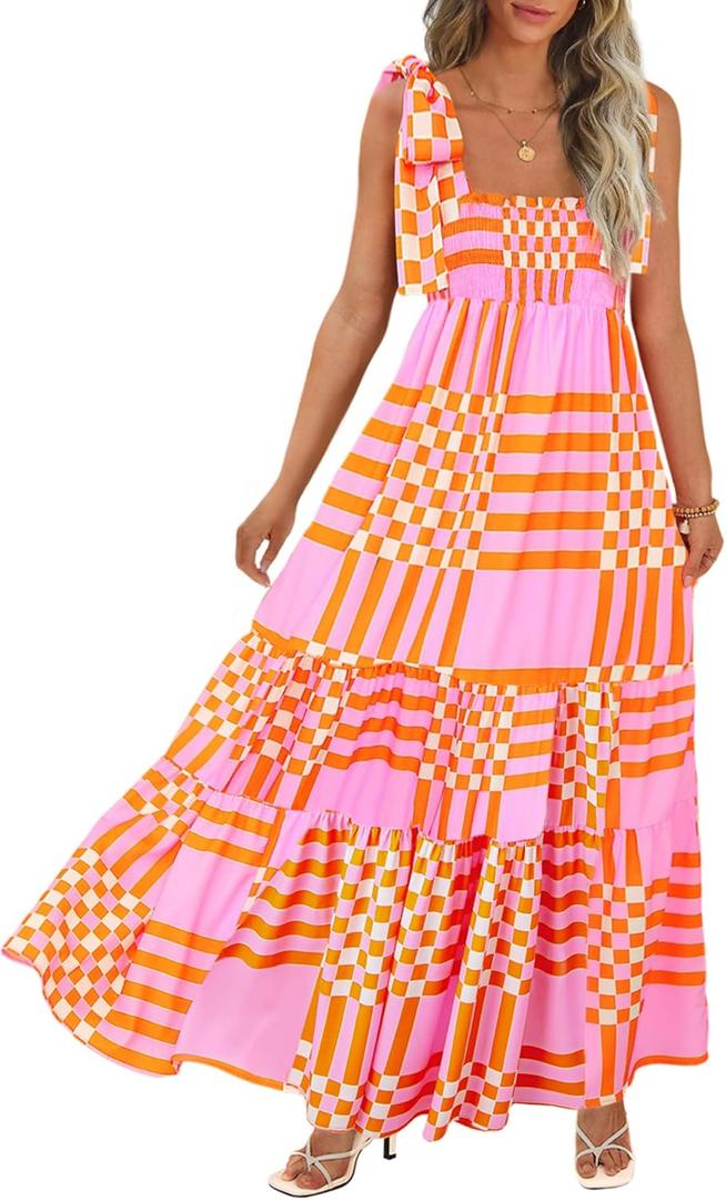 Women's Summer Maxi Dress Boho Spaghetti Straps Casual Long A-line Smocked Beach Dress Square Neck Flowy Sun Dress, Large , Pink 