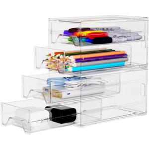 Desk Organizer Drawer Office Storage: 4 Plastic Drawers Organizers for Small Accessories, Clear Box for Stationery Supplies Organization, Storage Acrylic Bins Holder for Classroom Table