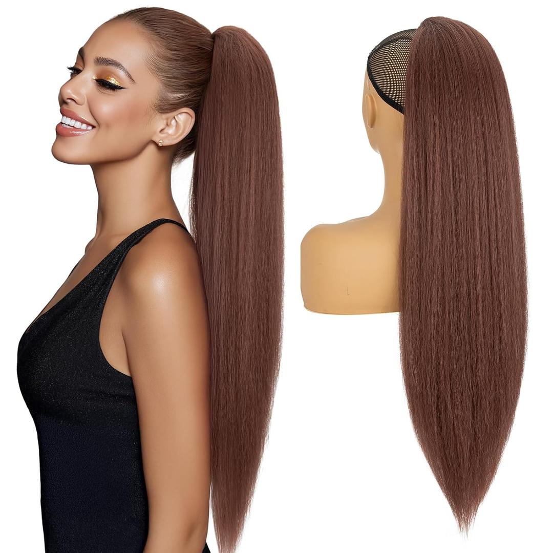 Hairro Drawstring Ponytail Hair Extensions For Women Synthetic Kinky Yaki Pony Tail Hairpieces 24 Inch 150g #33 Dark Auburn