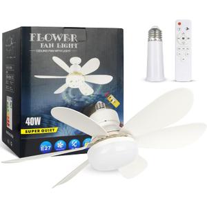 Socket Fan Light, 20.5IN Light Bulb Fan with Remote Dimmable, Screw in Fan and Light Combo for Garage Kitchen Bedroom Balcony Living Tools Store Laundry Room (White)