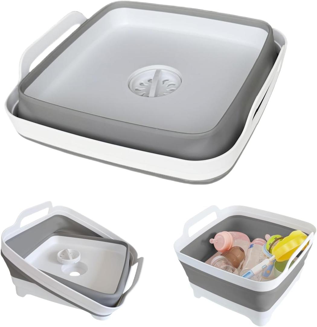 Collapsible Wash Basin for Baby Bottles - 2.4 Gallons Portable Wash Bin for RV Camping Sink, Space-Saving Dish Tub (Gray)