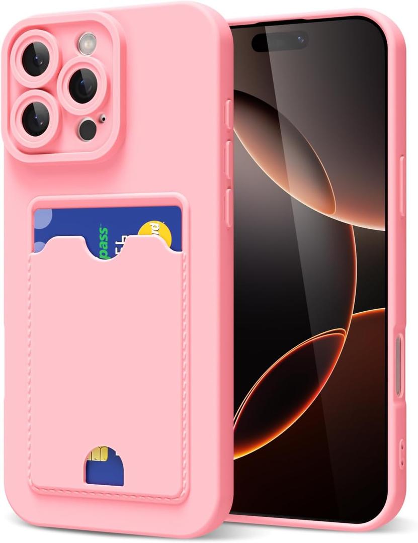 oakxco for iPhone 16 Pro Case with Card Holder, Silicone Wallet Phone Case with Credit Card Slot, Soft Rubber Thin Slim Purse for Women Men, Cute Solid Color & Protective Bumper, Light Pink