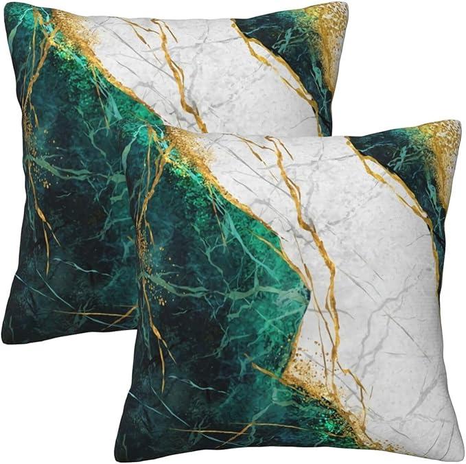 Emerald Green Gold Marble Throw Pillow Covers 16x16 Inches Set of 2, Decorative Pillow Case Square Cushion Covers for Sofa Bed Couch Living Room