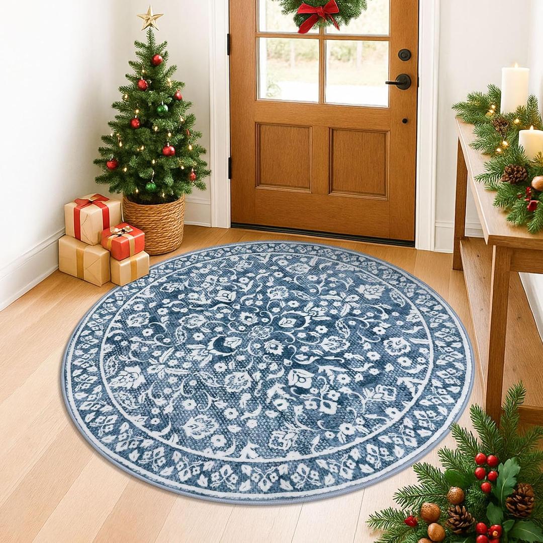 Blue and White Round Rug 5 Ft Rugs for Entryway Washable Circle Entrance Rug Non Slip Round Doormat Indoor Printed Faux Wool Round Front Door Mat Floor Carpet for Backdoor, Bedroom