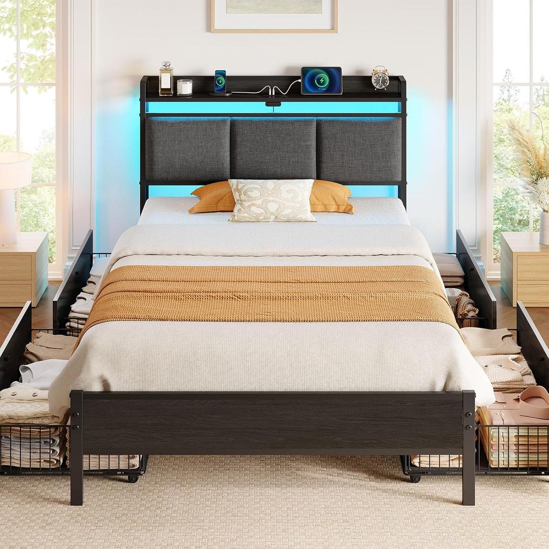 Rolanstar Bed Frame Twin Size with Charging Station and LED Lights, Upholstered Storage Headboard with Drawers, Heavy Duty Metal Slats, No Box Spring Needed, Noise Free, Easy Assembly, Dark Grey