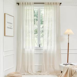 DUALIFE Cream Beige Natural Linen Semi Sheer Window Curtain 84 Inch Length Panels Drapes for Living Room Boho Neutral Rod Pocket Back Tab Long Curtains Set 2 for Farmhouse Decor Bedroom,Ivory,52 x 84