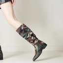 YIYA Women's Camouflage Slouchy Knee High Boots Square Toe Chunky Flat Heel Riding Combat Tall Pull On Boots (4, Brown)