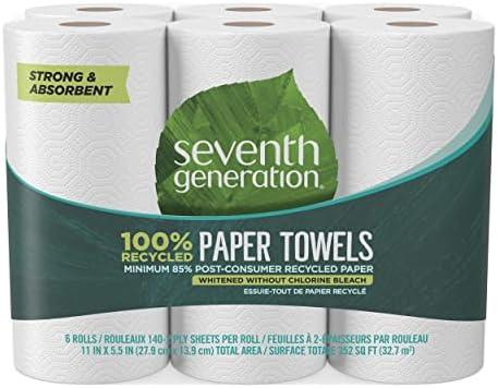 Seventh Generation 100% Recycled Paper Towels, 2 Ply, 140 Sheets, 6 Rolls, Pack of 4