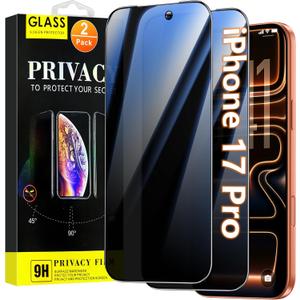 Oterkin 2 Pack Privacy Screen Protector for iPhone 17 Pro 6.3'' Tempered Glass Private Saver Anti-Spy Eye Protection Full Coverage Anti-Scratch Case Friendly