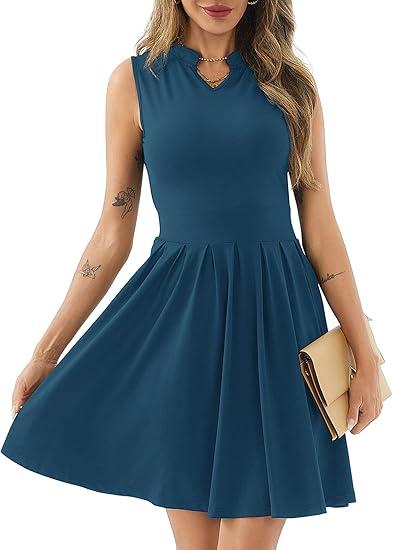 Women's Casual Work Summer Dress V Neck Sleeveless Pleated Beach Sundresses Boho Midi Swing Dresses Dark Blue Large