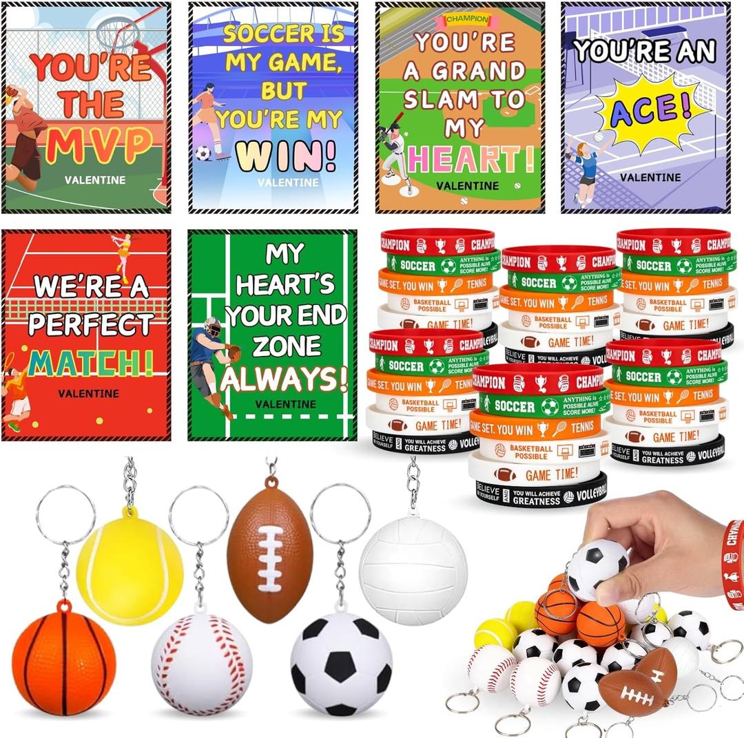 30Pack Sports Gifts for Boys Classroom Exchange,Sports Squeeze Balls Keychain with Cards & Bracelets,School Party Favors for Kids