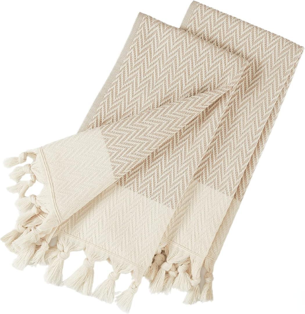 sea me at home Kitchen Hand Towels with Boho Design, Set of 2, Dish Towels for Kitchen, 100% Cotton Turkish Hand Towels for Bathroom (14 x 30 Inches, Beige)