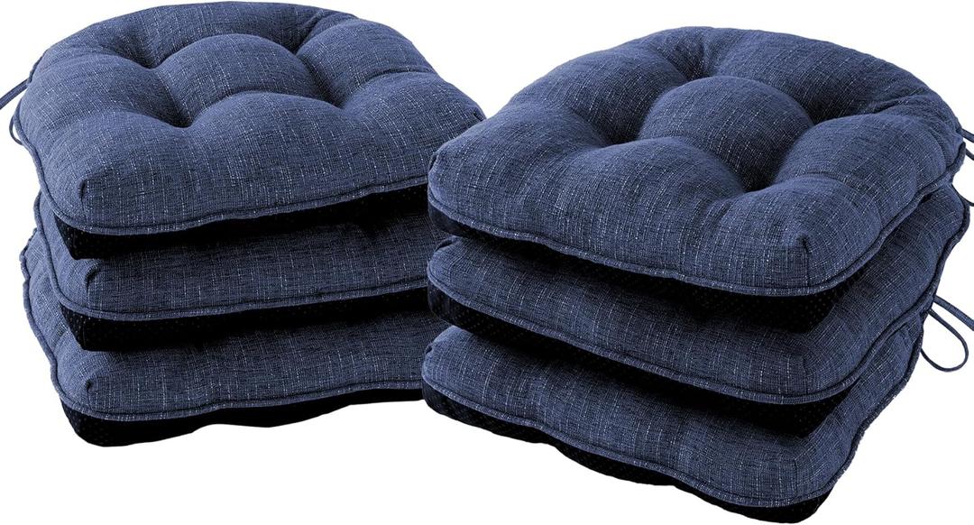 Chair Cushions for Dining Chairs Set of 6, Kitchen Chair Cushions, Chair Pads with Ties and Non Slip Backing, Tufted Memory Foam Seat Cushion 6 Pack, 15.5" x 15.5" x 4", Navy Blue