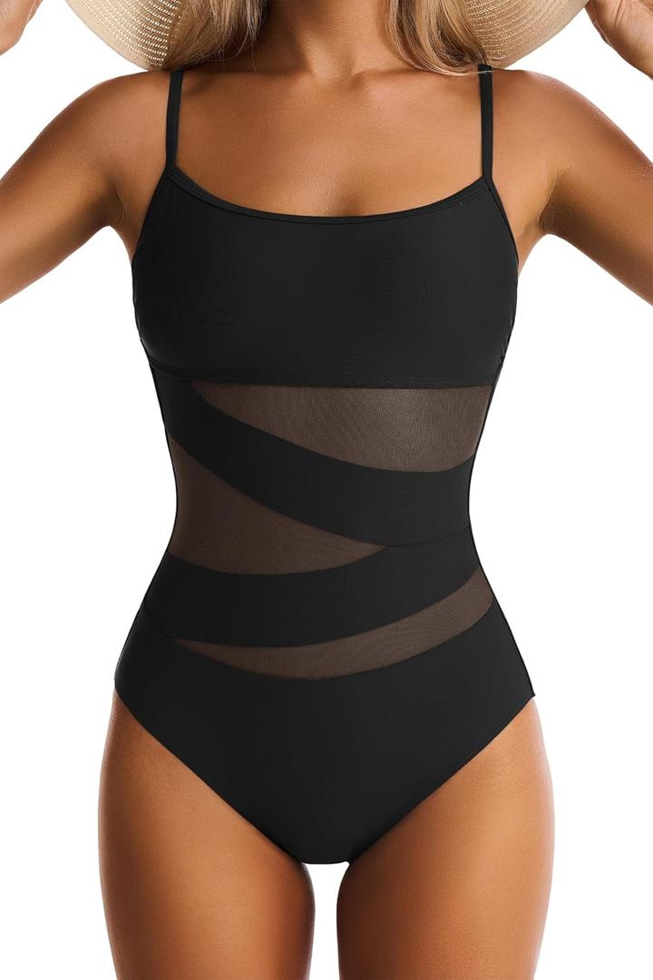 Womens Mesh One Piece Swimsuit Tummy Control Bathing Suit Sexy Push Up Swim Suit Slimming Swimwear (Large, Black)