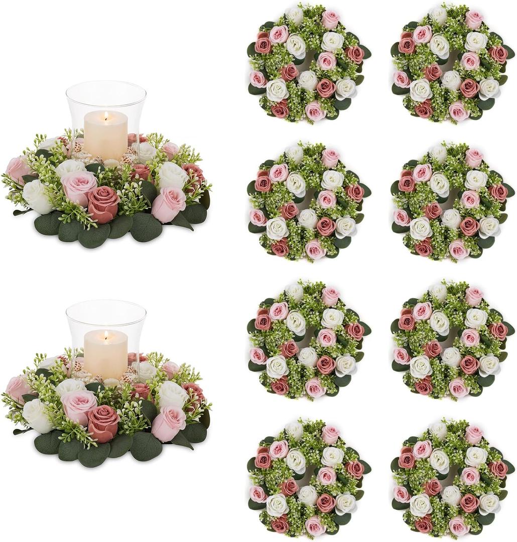 NUPTIO Flower Wedding Centerpieces for Tables: 10 Pcs 14 inch Diam Large Dusty Rose & White Artificial Flowers Fake Roses Candle Rings Wreaths Spring Summer Wreath for Front Door Weddings Party
