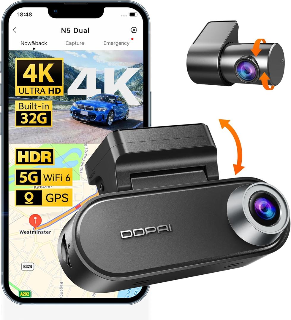 DDPAI 4K Dash Cam Front and Rear, 2160P+1080P Car Dash Camera, GPS 5G WiFi Dashcam for Cars, Free eMMC 32G Dual Storage Support 512G, Radar Motion Detection, Night Vision, 72 Hour Parking Mode, N5 Dual