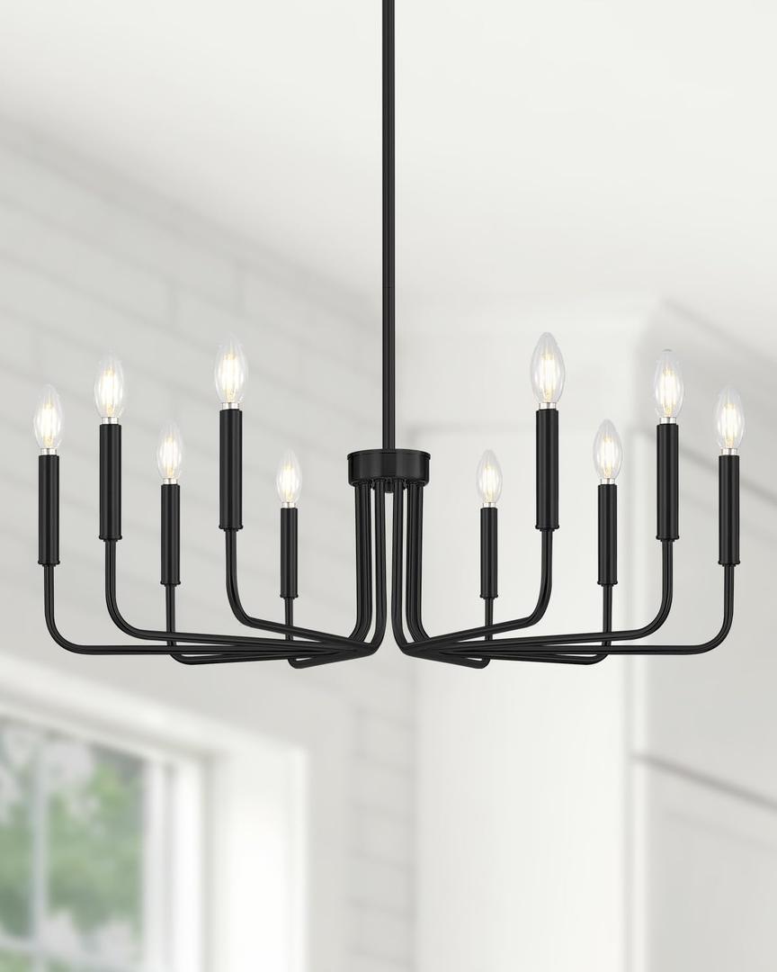 Yunnix 10 Light Black Chandelier, 33" Extra Large Modern Farmhouse Chandelier - Matte Black Hanging Light Fixture Industrial Dining Room Light for Kitchen Island, Living Room, Hall, Foyer