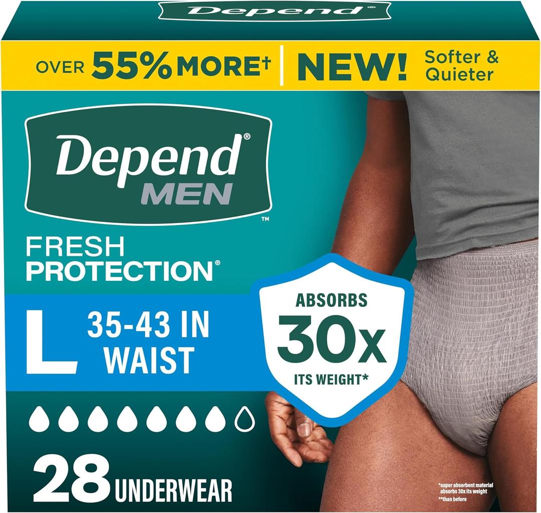 Depend Fresh Protection Adult Diapers, Incontinence Underwear for Men, Disposable, Maximum, Large, Grey, 28 Count