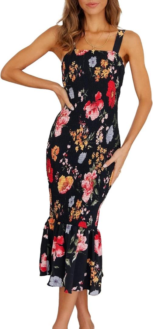 PRETTYGARDEN Women's Summer Floral Midi Tank Dress Sleeveless Strappy Ruffle Hem Smocked Bodycon Dresses (Black, M)