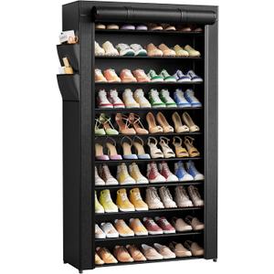 Kitsure Shoe Rack - 10-Tier Shoe Organizer with Zippered Dust Cover & Side Pockets, Easy to Assemble, Space Saving Shoe Rack for Closet, Entryway, Living Room, 33" x 12.4" x 69.3", Black