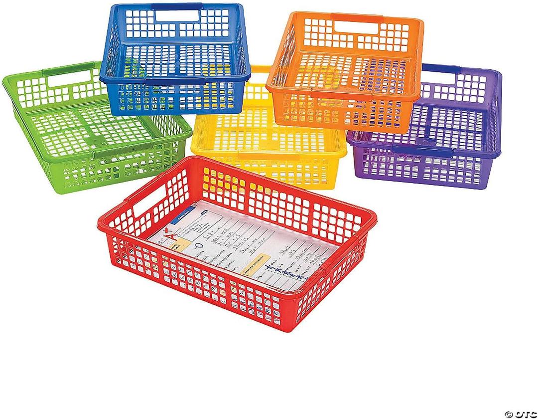 Fun Express Stackable Storage Bins 13x9.75x3 Inch - 6 Pack Colorful Plastic Storage Baskets with Handles for Classroom Organization | Paper Trays for Teachers, Office Storage & Home Organizing