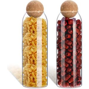 Glass Jar Set of 2- Airtight Sealed Cork Lids, Round Bottles for Coffee Beans, Nut Storage, Canisters with Wooden Cork & Ball Lids, Glass Containers