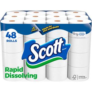 Scott Rapid-Dissolving Toilet Paper, 48 Double Rolls (6 Packs of 8), Septic-Safe, Toilet Paper