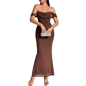 KUTUMAI Off The Shoulder Maxi Long Dress Corset Ruched Bodycon Formal Wedding Guest Dresses for Women (Medium, Brown)