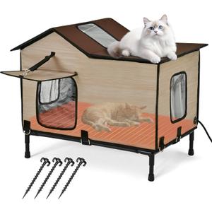 Heated Cat House for Outside in Winter, Weatherproof & Insulated Large Cat Shelter with Heated Cat Bed and 2 Safe Escape Doors for Multiple Stray/Feral Cats(Wood-Grain, 27.6"x19.3"x21.3")