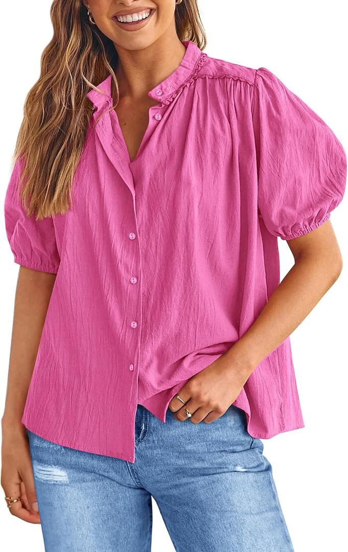 PRETTYGARDEN Women's Summer Button Down Shirts Short Lantern Sleeve V Neck Cotton Cute Dressy Casual Ladies Tops Blouses (Large)