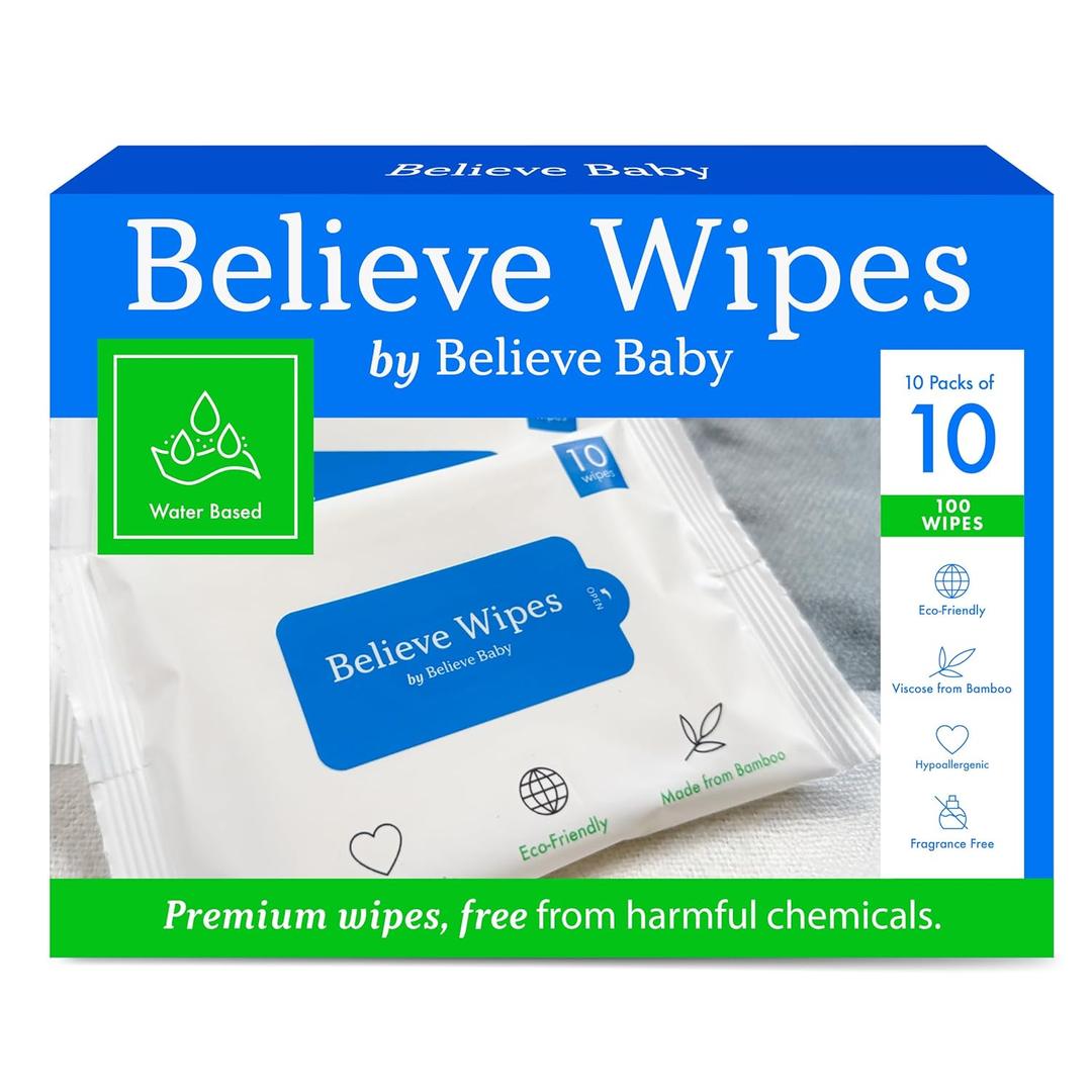 Believe Viscose Bamboo Baby Wipes Travel-Size 10pc-10 packs, Multi-Use Water Based Wipes Baby Sensitive Skin, Hypoallergenic and Fragrance Free for Babies  Gentle Plant-Based Viscose Bamboo Wet Wipe