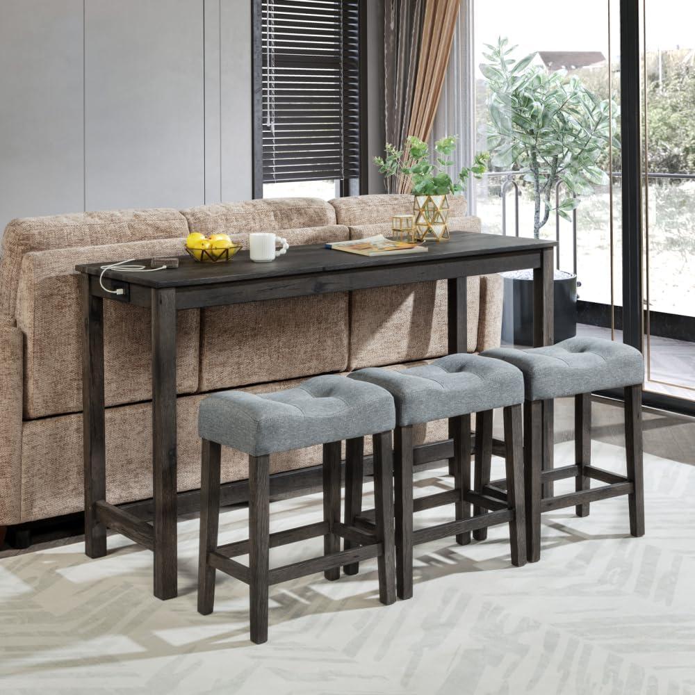 4 Piece Bar Table Set with Power Outlet,Bar Table Set with Chairs,Sofa Bar Table with Stools,Behind Couch Table with 3 Padded Stools,for Living Room,Dining Room, (Dark Gray + Fabric + Mdf + Plywood + Rubber Wood + Foam)