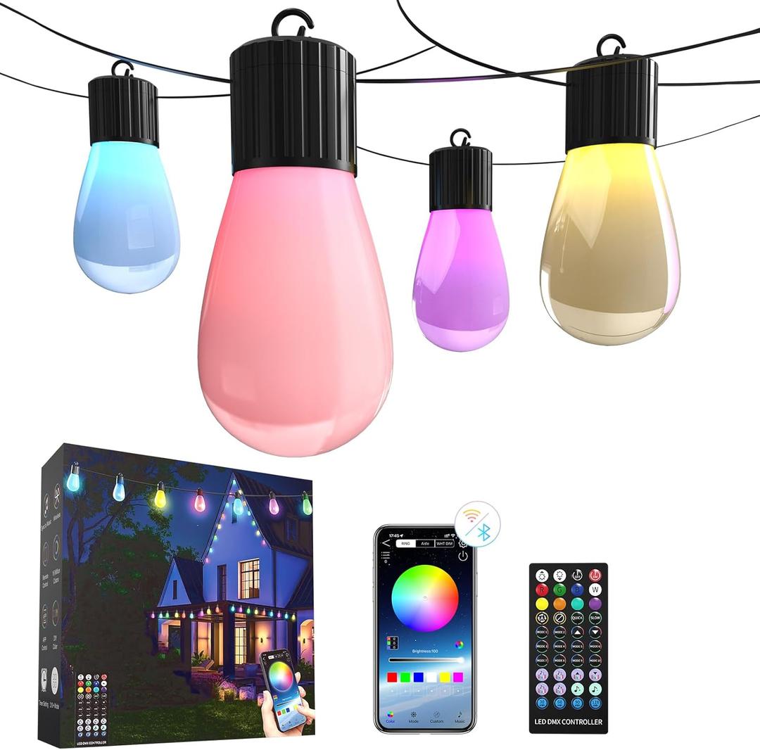 50FT Smart Outdoor/Indoor String Lights, 20 Dimmable RGBICW Bulbs, App-Controlled Waterproof LED Lights with 210 Lighting Modes & Music Sync for Backyard for Backyard, Holiday Decor