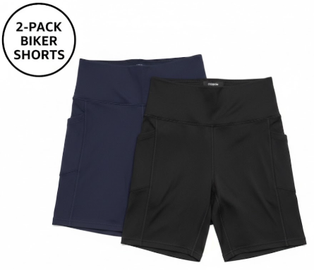 Pack of two ODODOS High Waist Workout Shorts with Pockets for Women 6"/8" Inseam Tummy Control Gym Athletic Biker Shorts Blue and Blue Size S